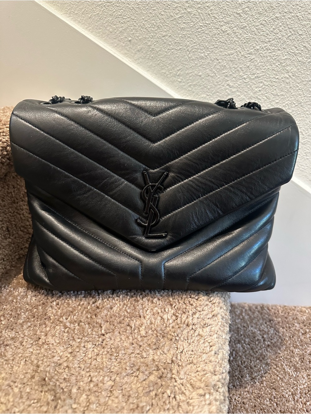 Saint Laurent Black Chevron Quilted Leather Shoulder Bag with YSL Logo
